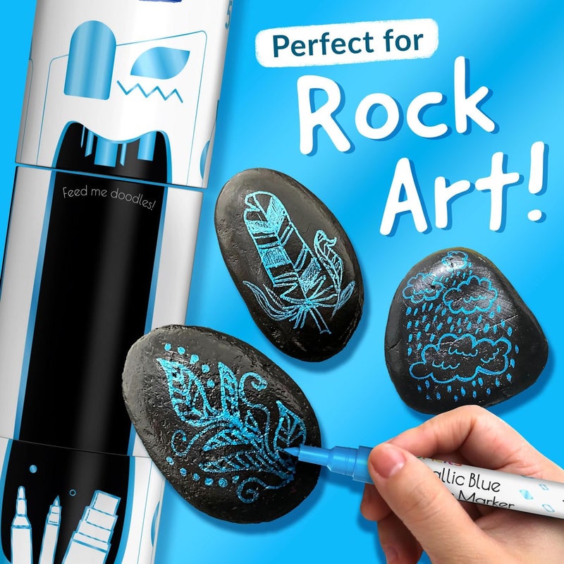 Funcils 5 Metallic Acrylic Blue Paint Pen - Extra Fine Tip, Thin & Jumbo (1mm, 3mm, 6mm, 10mm, 15mm) - Blue Paint Markers for Metal, Fabric, Plastic, Canvas, Wood, Rock Painting, Glass, Permanent Marker - Image 3